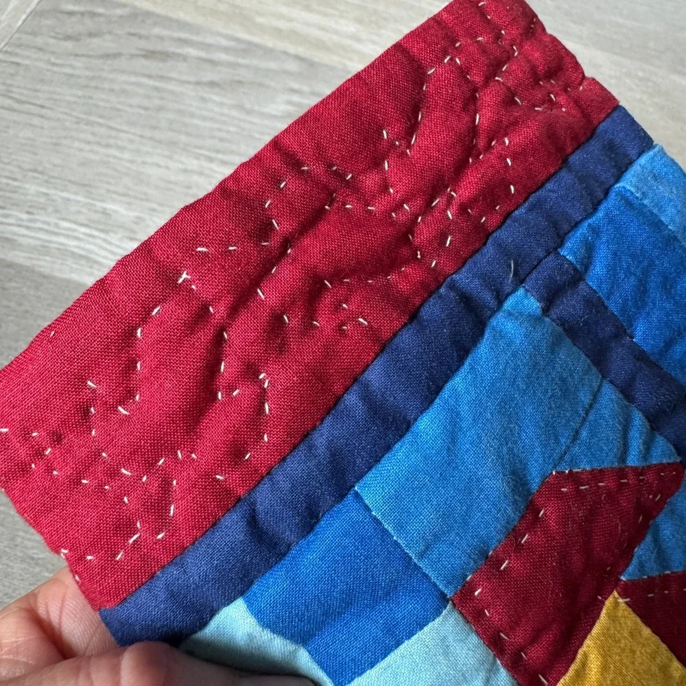 Handmade Quilted Autumn Leaf Wall Hanging Blue Red Fall Patchwork Folk Art Decor